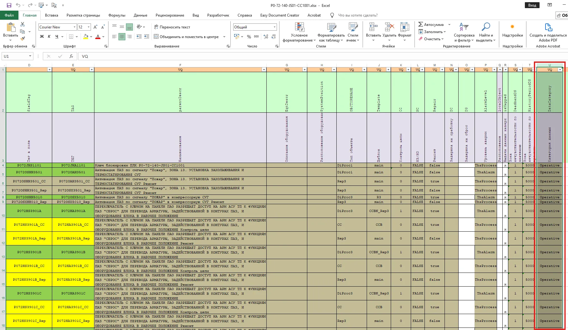 Колонка DataCategory в модели ПЛК