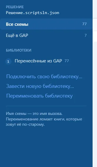 Рейл слева: РЕШЕНИЕ с именем файла, области «Все схемы» и «Ещё в GAP» со