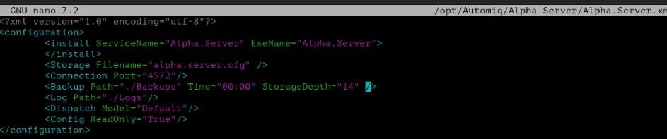 Параметры Alpha.Server до изменения