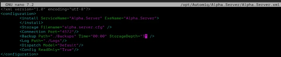 Параметры Alpha.Server после изменения