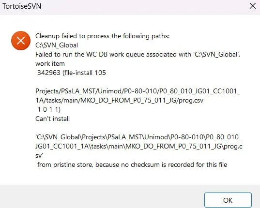 Ошибка TortoiseSVN: Cleanup не может обработать prog.csv, поскольку для файла не записана контрольная сумма